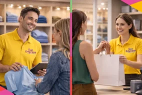 Uniforme profissional contribuindo para melhorar a experiência de compra e o atendimento ao cliente em ambiente comercial.